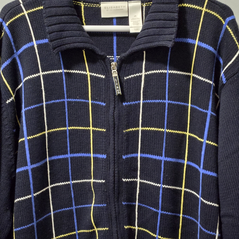 Vintage Elizabeth by Liz Claiborne Full Zippered Sweater Cardigan Navy Check 2X